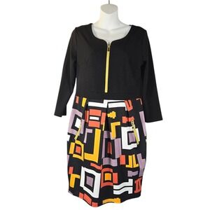 Miusol Womens Large Black Geometric Print 3/4‎ Sleeve Zip Front Sheath Dress